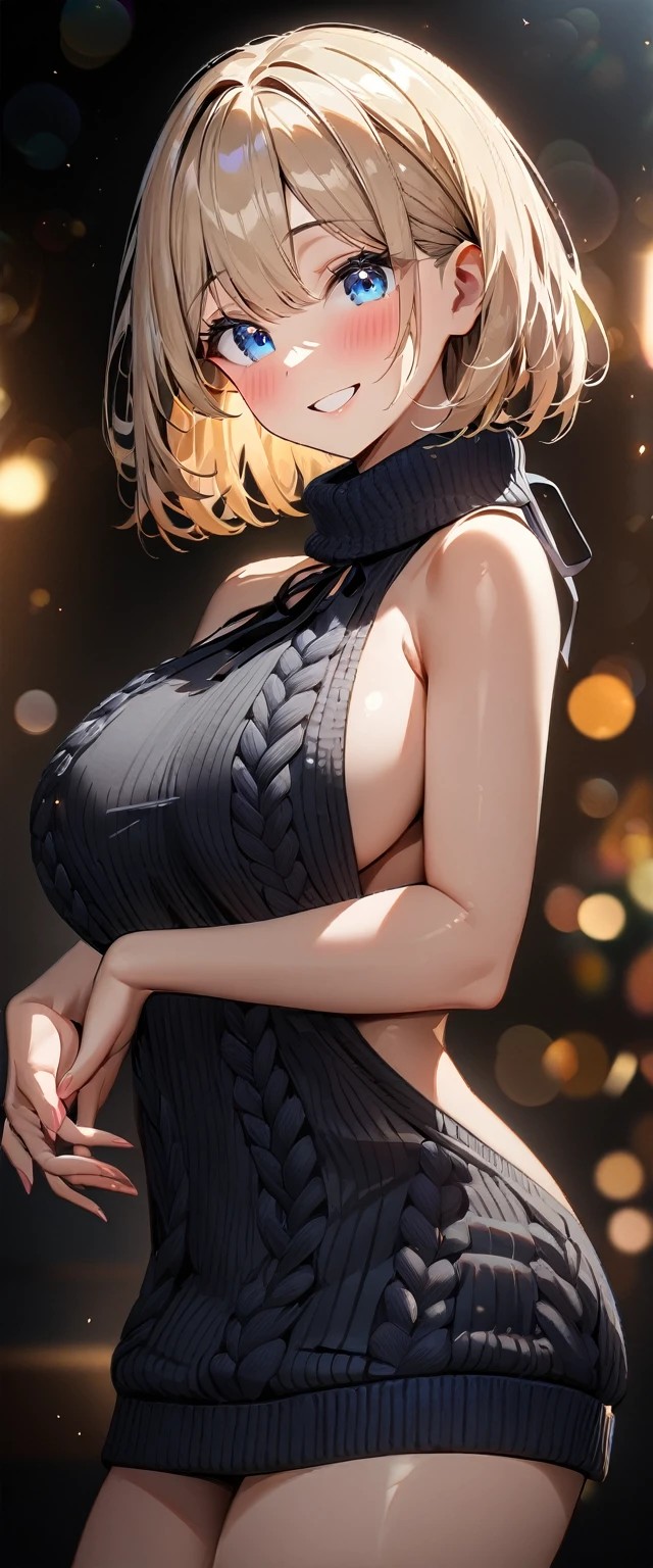 (((One girl))), blond hair, bob cut, big breasts, from side, (cowboy shot), (looking at viewer), ((black hot pants)), ((black virgin killer sweater)), face in focus, teenager, head tilt:1.3, (((blue eye))), ((happy smile)), ((blush)), ((clasping own hands)), anime style, (best quality, 4k, 8k, highres, masterpiece:1.2, ultra-detailed, ultra-detailed eyes, HDR, UHD, studio lighting, ultra-fine painting, sharp focus, physically-based rendering, extreme detail description, professional, vivid colors, bokeh)