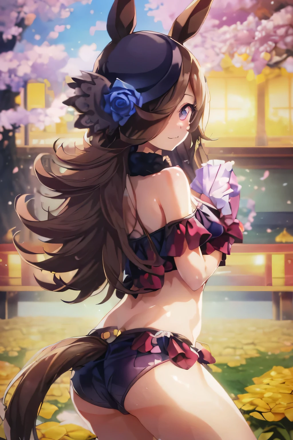 (Tabletop.Highest quality).(Dynamic Angle). (CG paintings with impressive detail),(Perfect Image)、Comic Strip.shape.1 Girl.Detailed face、Perfect Face.Delicate face、A girl in a delicate uniform、Rough skin、Black Hair.length、(Umamimi Girl)Umamimi Girl、((Beautiful Blue Eyes)).Delicate and Beautiful Eyes、Beautiful Eyes、Reflected Eyes、smile.(Looking at the audience:1.3).(Face is a little red:0.8)、8k wallpaper、Cowboy Shot、reflected light、Most detailed、complex、((Outdoor))、Bright background、Light shines in、Light brightness、【background:cherry blossoms】background美しいcherry blossoms、Rough skin、Fine skin、(Super Resolution)、((Micro Bikini))、(((cherry blossomsの木)))、(((Big Breasts)))、(((Big Butt)))
