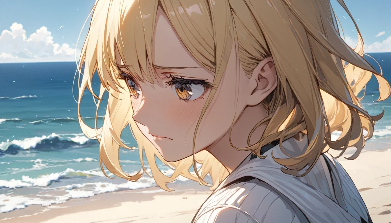 (Highest quality), One girl,Blonde,one piece,Sad expression,Gazing at the Sea