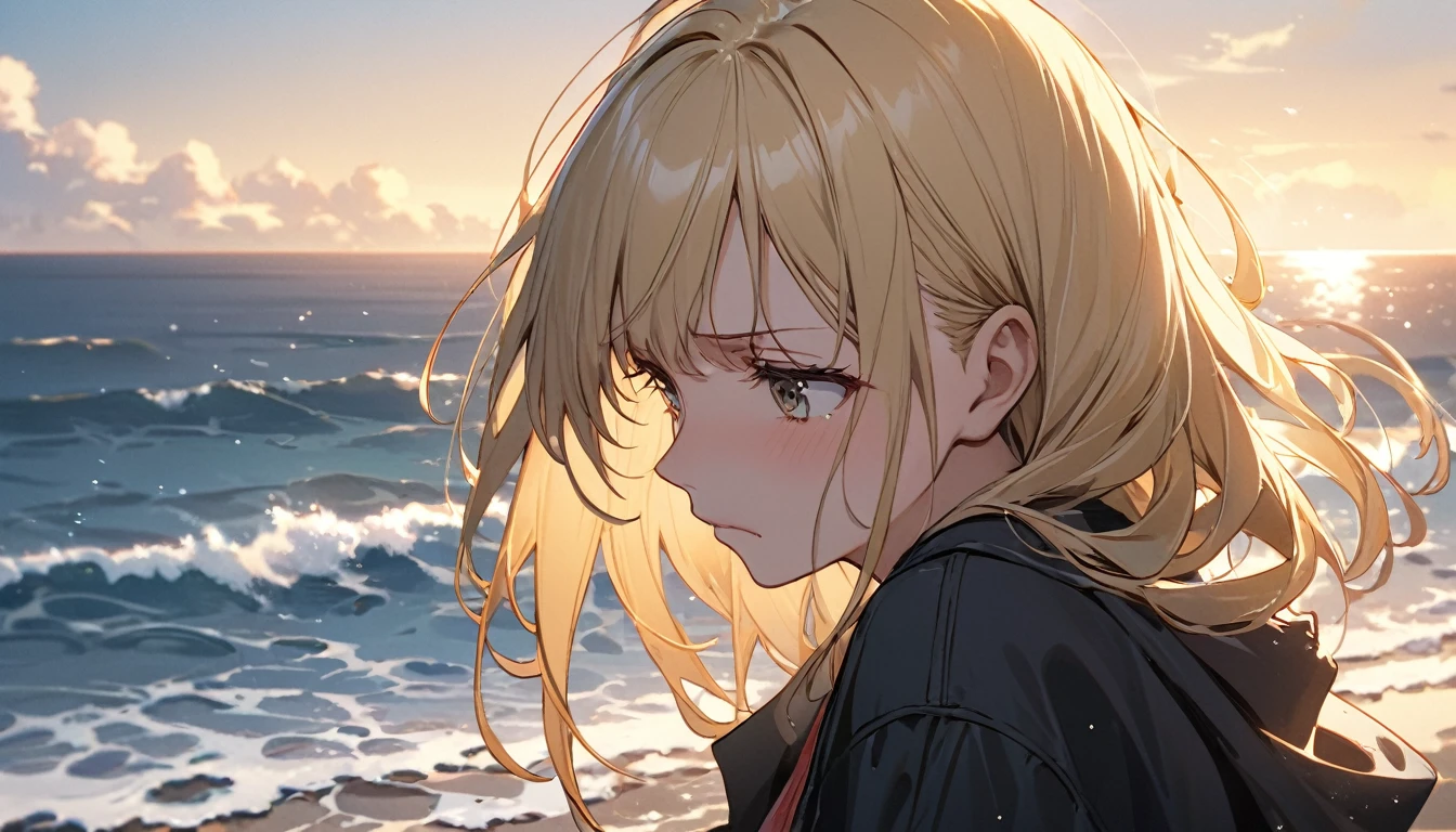 (Highest quality), One girl,Blonde,one piece,Sad expression,Gazing at the Sea
