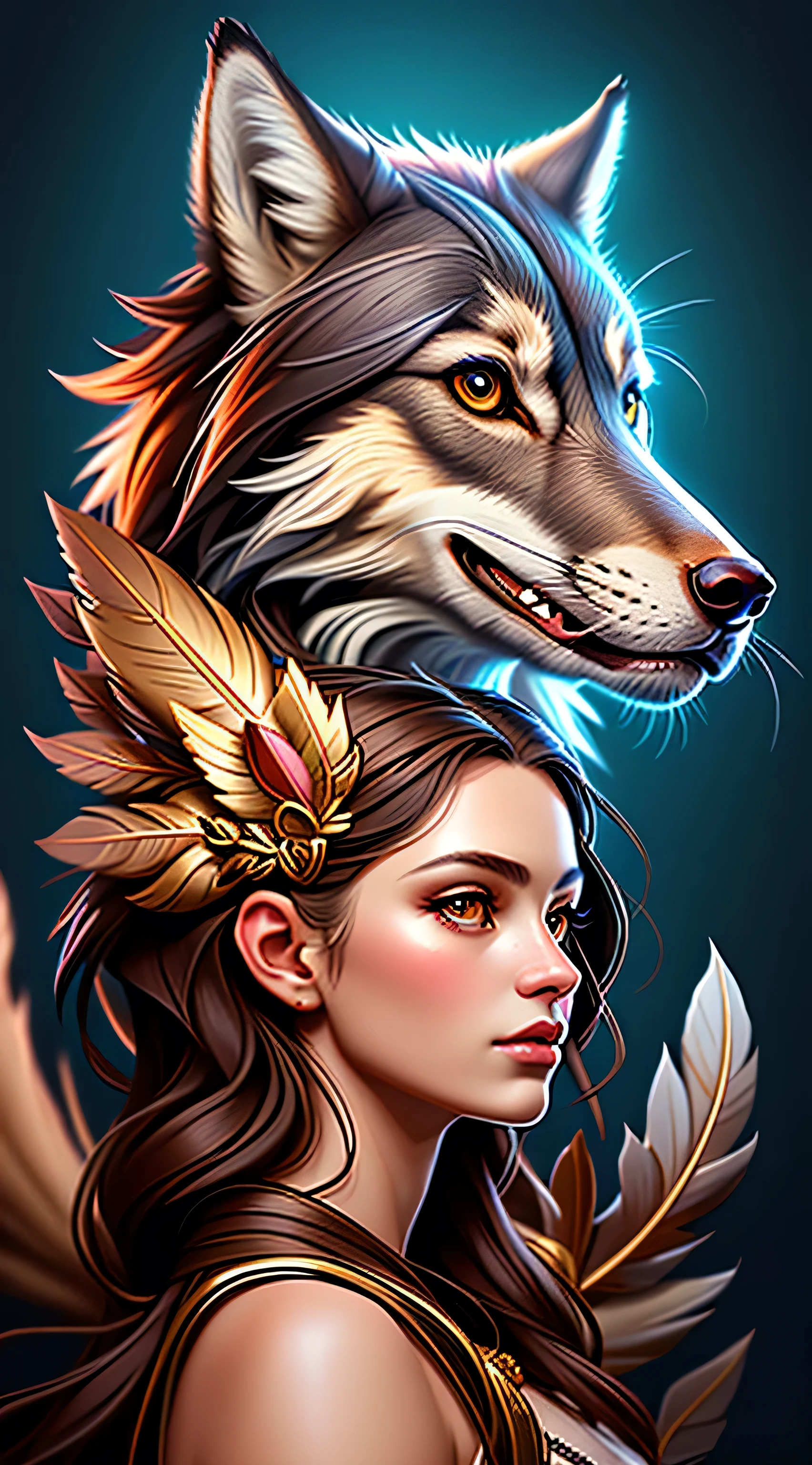 a woman with a wolf's head and feathers on her head, 16k high quality detailed artwork, wolf girl, stunning art style, beautiful digital art, high quality works of art, female anthropomorphic wolf, Highly detailed 8K digital art, Bela arte UHD 8K, Detailed 8K digital art, great digital art with details, angie wolf