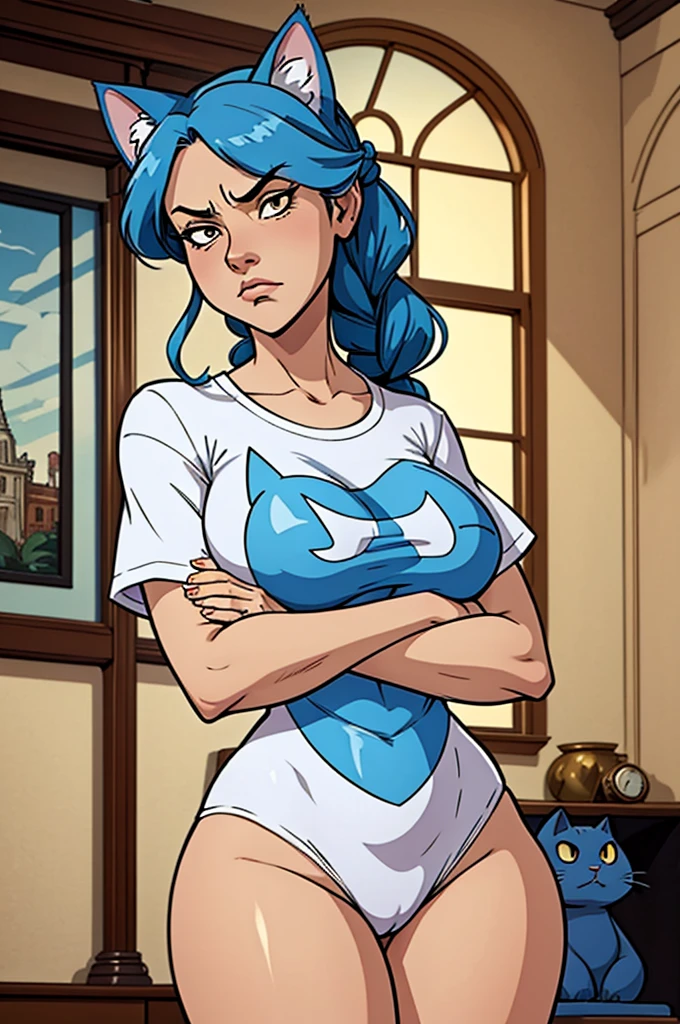 1 female, cat girl, , oversized t-shirt, arms crossed under breast, no bottoms, hourglass figure, white eyes, french braid, blue hair, annoyed, cat ears, rococo style, Ghibli-like colours, in an apartment, best quality