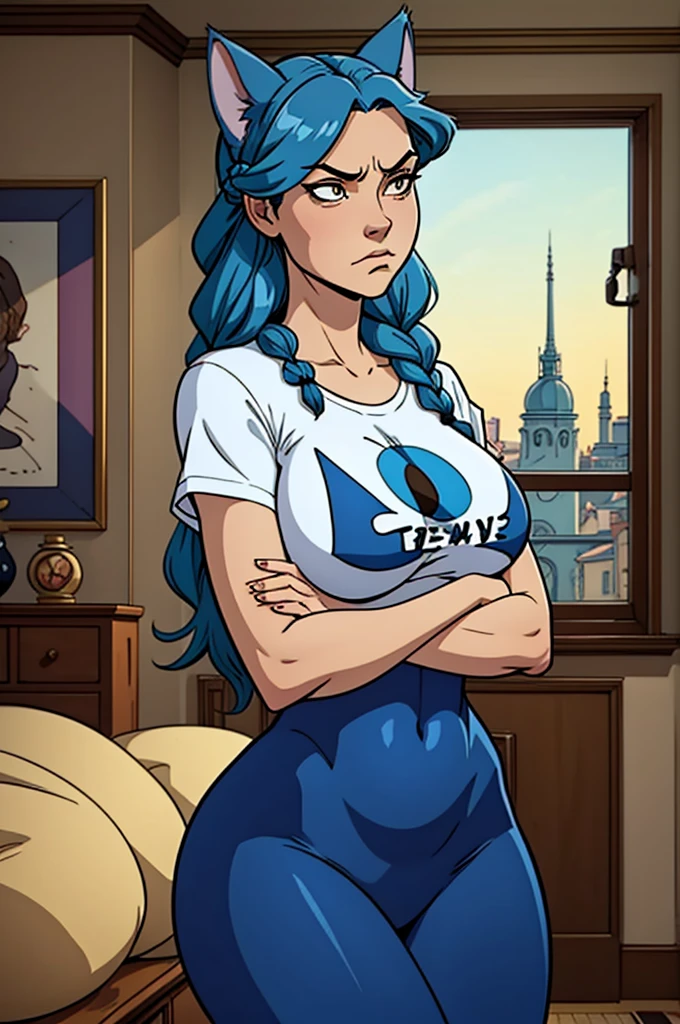 1 female, cat girl, , oversized t-shirt, arms crossed under breast, no bottoms, hourglass figure, white eyes, french braid, blue hair, annoyed, cat ears, rococo style, Ghibli-like colours, in an apartment, best quality