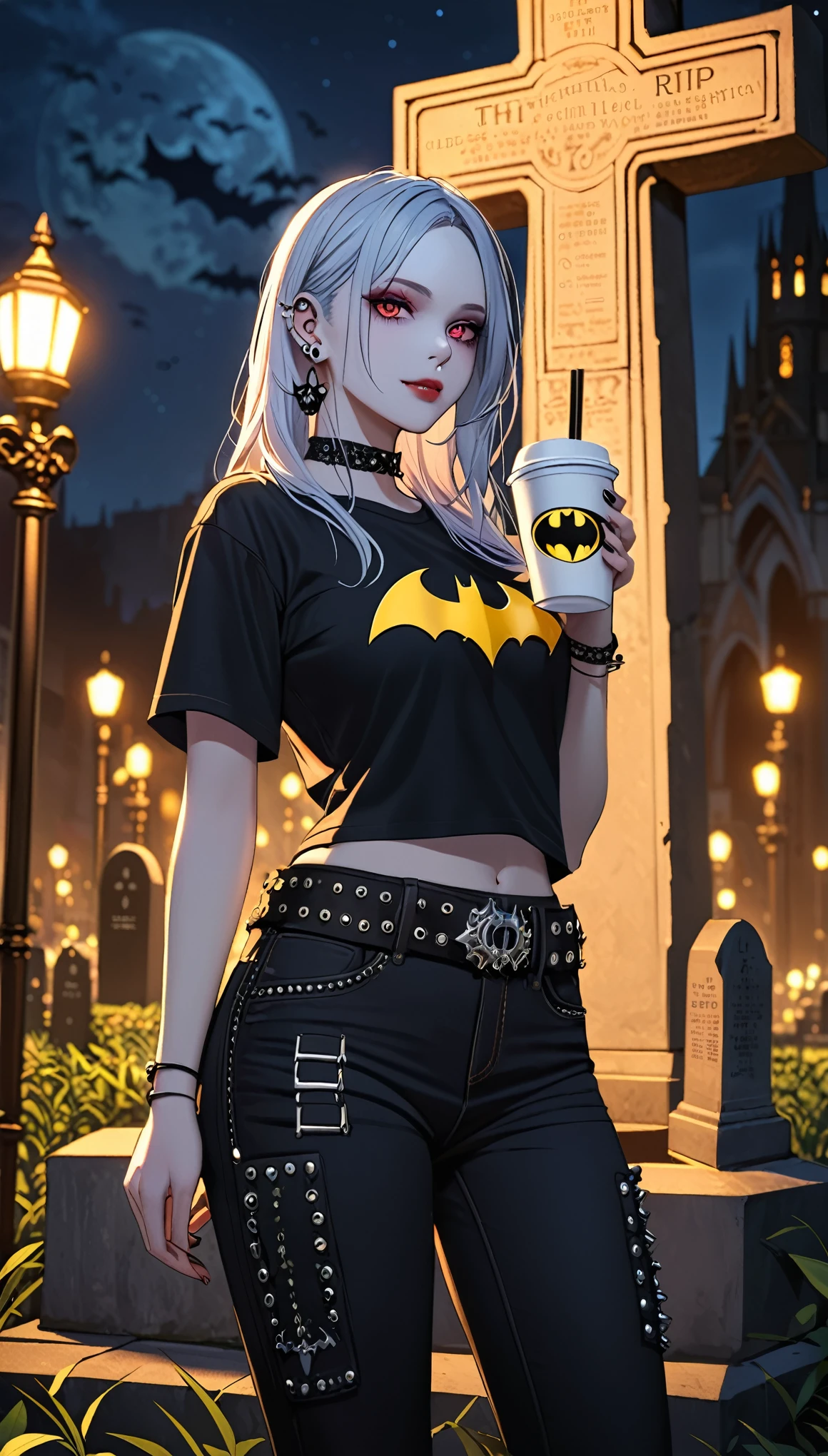 Output 1 Girl, Gothic style, Batman logo t-shirt, Black jeans, Stud waistband, Holding a milk tea cup, In the background is a huge cross tombstone, It says：“R.I.p", night, Lightless, Glowing eyes, Detailed face, White skin, Ear piercing, uhd, anatomically correct, super detail, best quality, highres