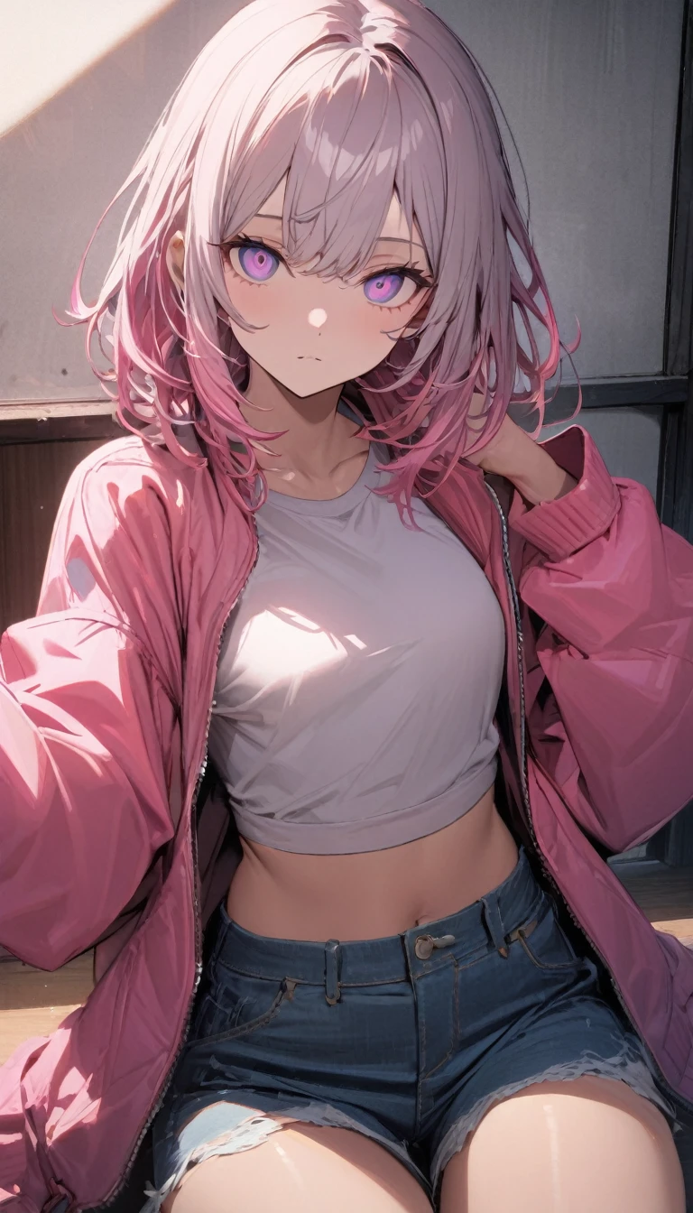 ((masterpiece)), ((best quality)), extremely detailed face, ((extremely detailed)), perfect lighting, best pose,
a handsome girl, solo, silver hair, pink hair, medium hair, violet eyes, bright eyes,
((pink midriff jacket)),, shirt, denim shorts, tights, expressionless