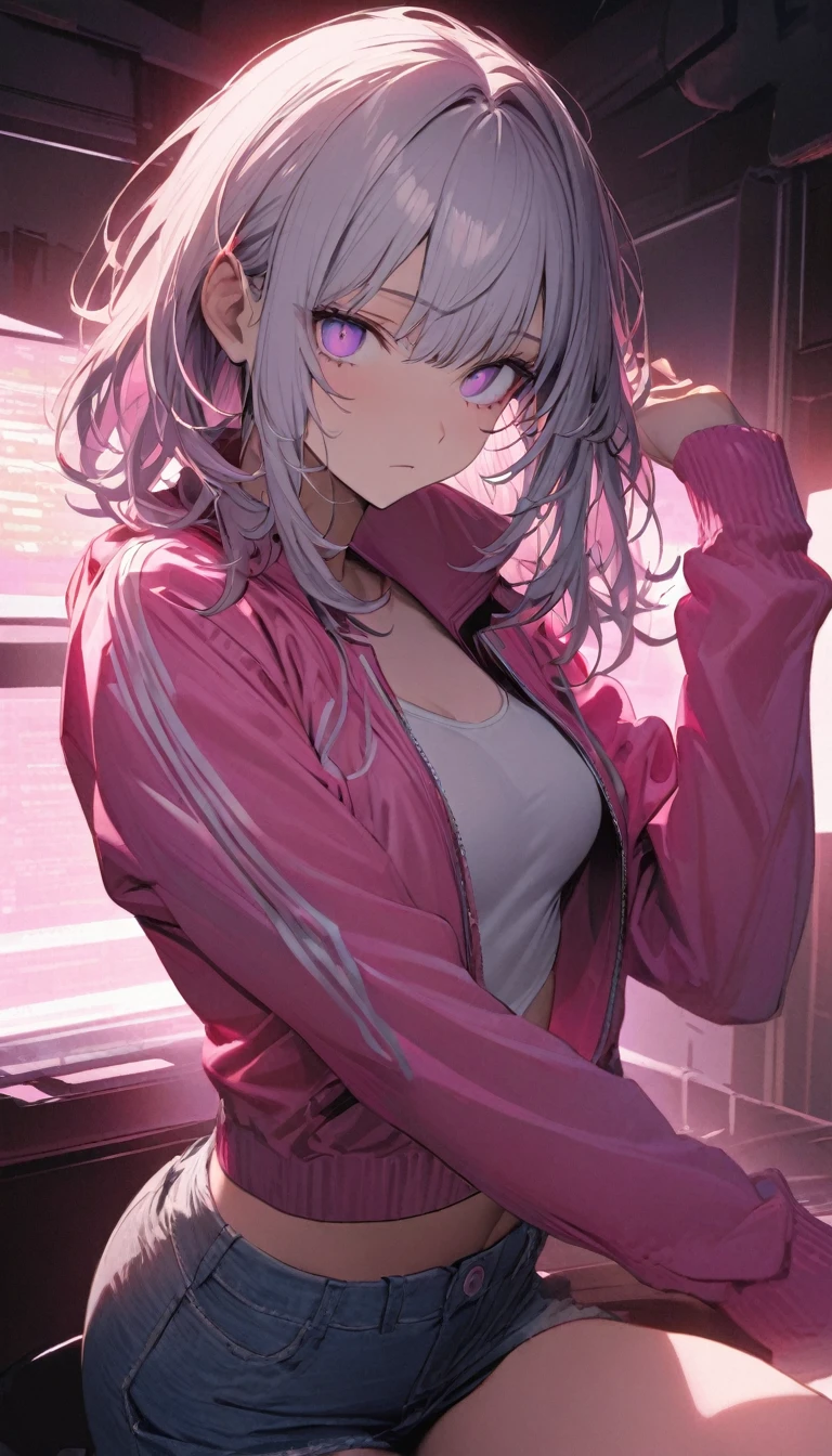 ((masterpiece)), ((best quality)), extremely detailed face, ((extremely detailed)), perfect lighting, best pose,
a handsome girl, solo, silver hair, pink hair, medium hair, violet eyes, bright eyes,
((pink midriff jacket)),, shirt, denim shorts, tights, expressionless