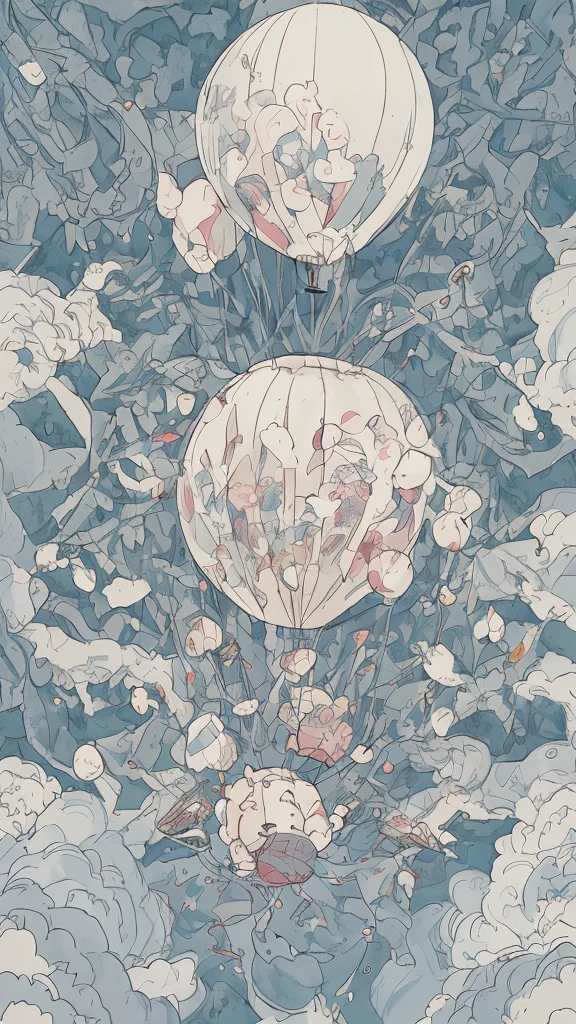 A seamless pattern with a watercolor teddy bear in a hot air balloon, their vines intertwined and animated characters floating amidst balloons adorned with 'G ytson' motifs, pale neutral colors on a white background in the style of Kestutis Kasparavicius. --ar 45:91 --niji 6