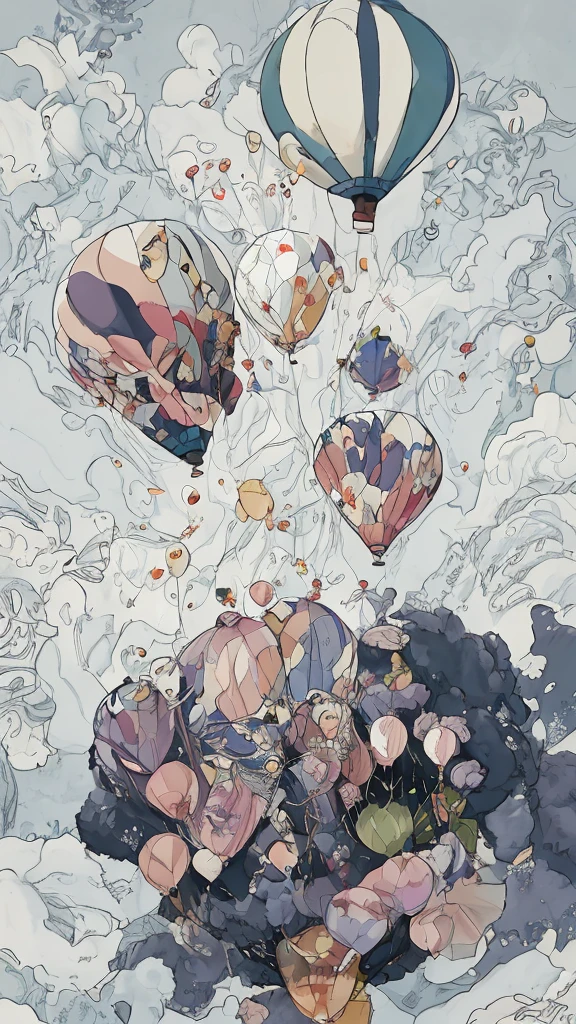 A seamless pattern with a watercolor teddy bear in a hot air balloon, their vines intertwined and animated characters floating amidst balloons adorned with 'G ytson' motifs, pale neutral colors on a white background in the style of Kestutis Kasparavicius. --ar 45:91 --niji 6