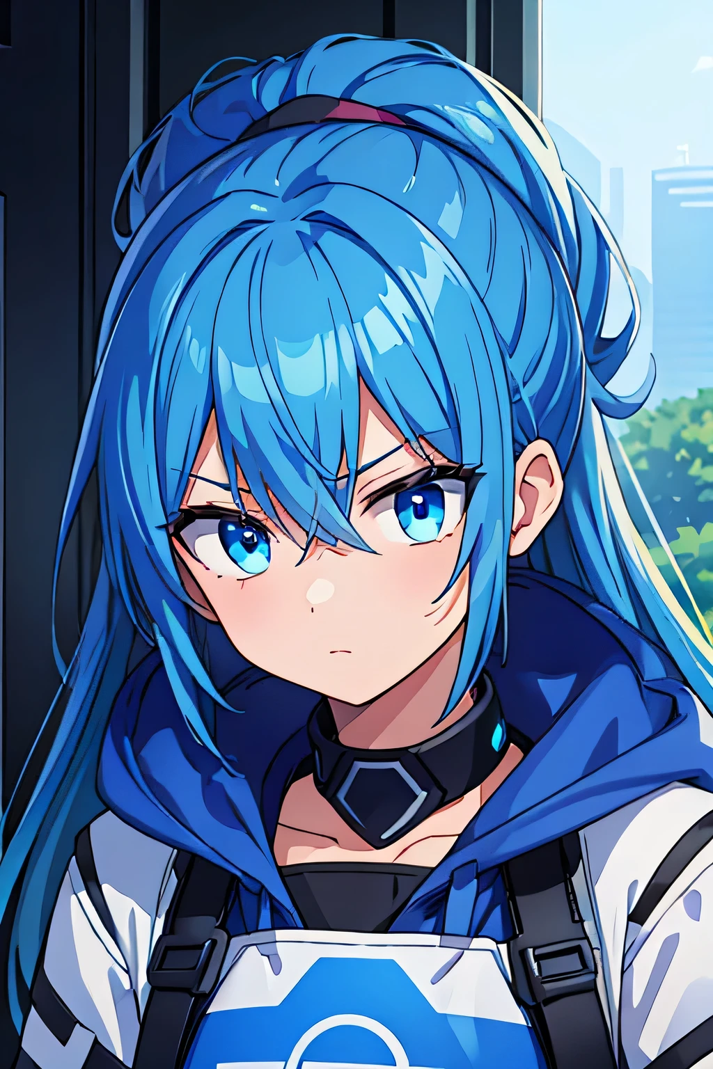 a guy with blue hair looking just showing his face with a serious look, Looking directly at the camera best quality