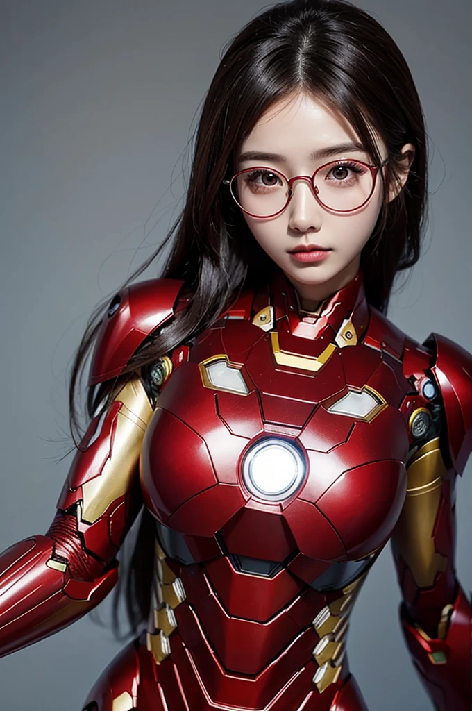 korean girld , shot heair , round transparent glasses , iron man suit