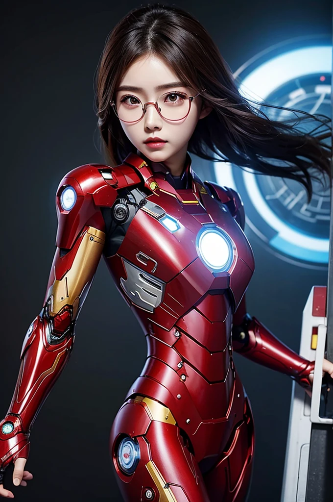 korean girld , shot heair , round transparent glasses , iron man suit