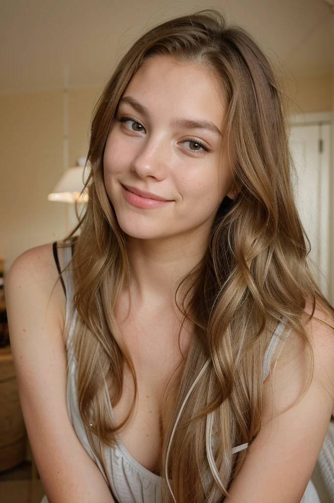 Create a picture of a twenty-year-old girl. ((Have a natural and attractive face)) (Her hair should be blonde with brown stems) (Long hair) (Her eyes are a natural light color) A charming smile on her lips and in a beautiful house with a light background. His face lit up. The girl should not look at the camera. Her image should be fully displayed (girl with light makeup) without retouching and effects.