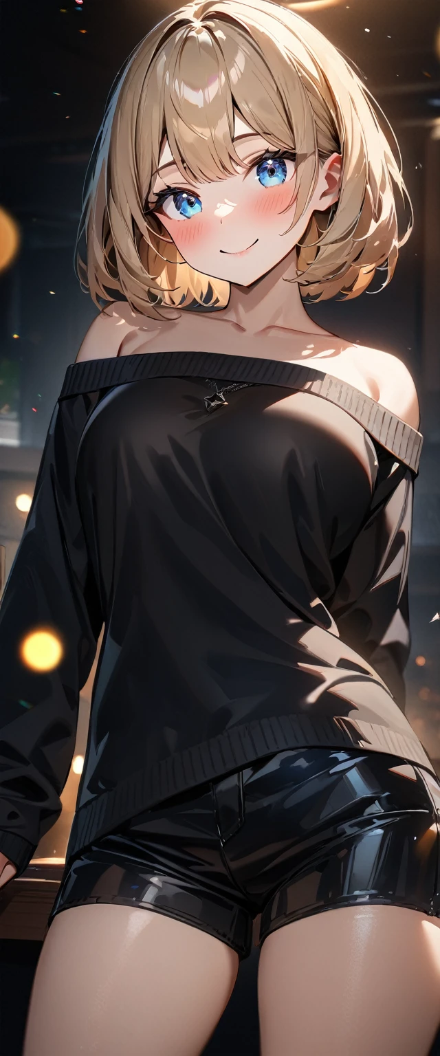 (((One girl))), blond hair, bob cut, big breasts, from front, (cowboy shot), (looking at viewer), ((black shorts)), ((off-shoulder black sweater)), face in focus, teenager, head tilt:1.3, (((blue eye))), ((happy smile)), ((blush)), ((sleeves past wrists)), anime style, (best quality, 4k, 8k, highres, masterpiece:1.2, ultra-detailed, ultra-detailed eyes, HDR, UHD, studio lighting, ultra-fine painting, sharp focus, physically-based rendering, extreme detail description, professional, vivid colors, bokeh)