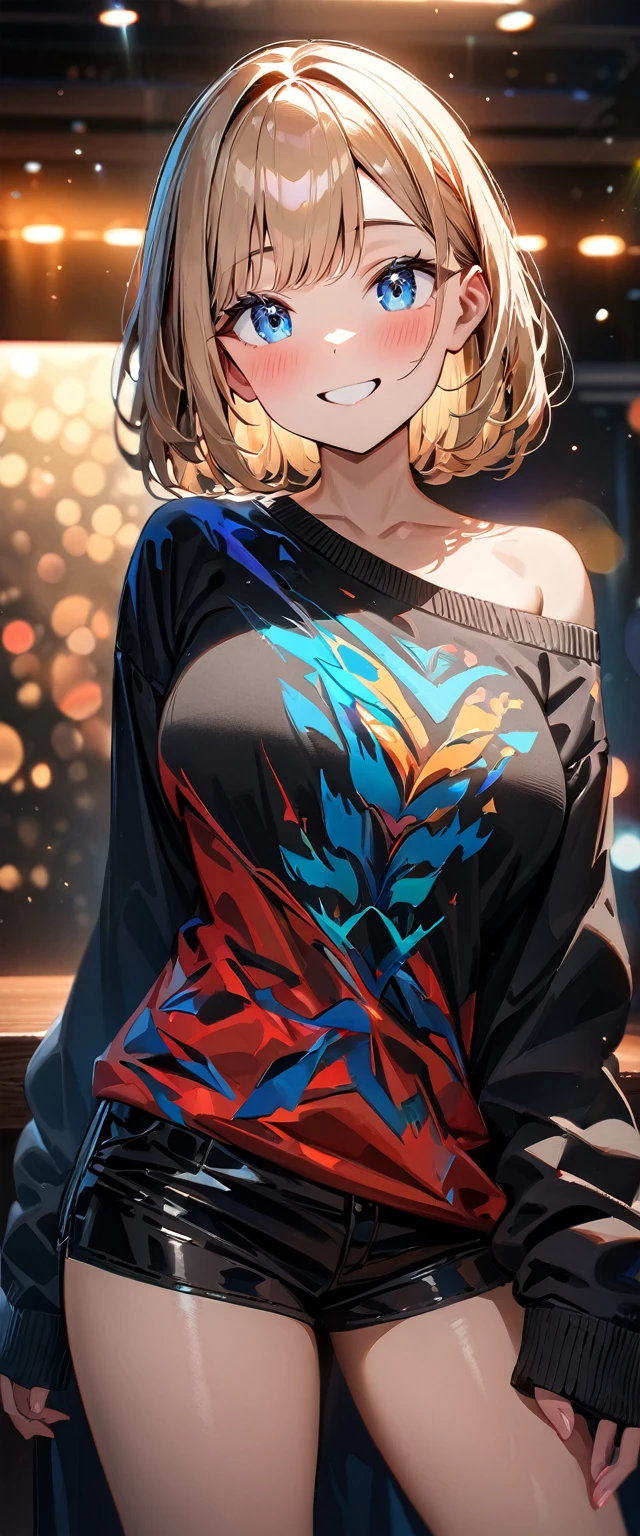 (((One girl))), blond hair, bob cut, big breasts, from front, (cowboy shot), (looking at viewer), ((black shorts)), ((off-shoulder black sweater)), face in focus, teenager, head tilt:1.3, (((blue eye))), ((happy smile)), ((blush)), ((sleeves past wrists)), anime style, (best quality, 4k, 8k, highres, masterpiece:1.2, ultra-detailed, ultra-detailed eyes, HDR, UHD, studio lighting, ultra-fine painting, sharp focus, physically-based rendering, extreme detail description, professional, vivid colors, bokeh)