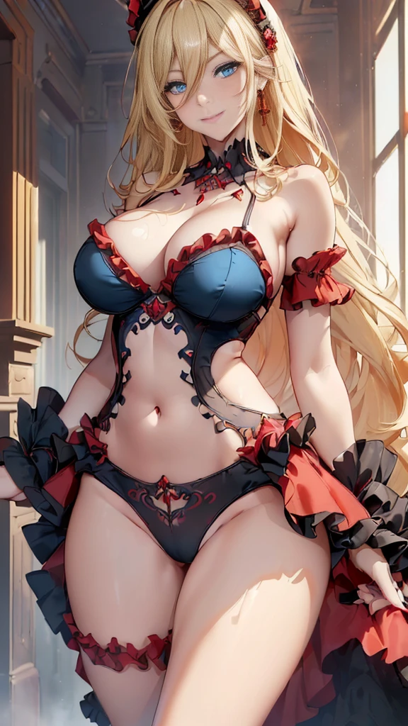 ((Masterpiece, Super High Quality, High Definition, Ultra High Definition 8K Quality)), (((one beautiful girl in red and black ruffled saloon girl costume))), (((slim body, very large breasts and beautiful hips)), narrow waist, 8k, caravette, brothel, (((shining blue eyes, long blonde hair))), ((A seductive smile)), garter belt,
