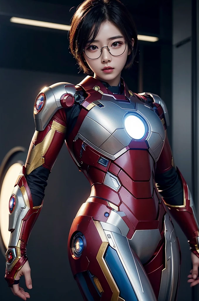 a beautiful korean girl with short hair, wearing round transparent glasses, wearing an iron man suit, highly detailed, intricate details, 8k, hyper realistic, cinematic lighting, dramatic color palette, masterpiece, photorealistic
