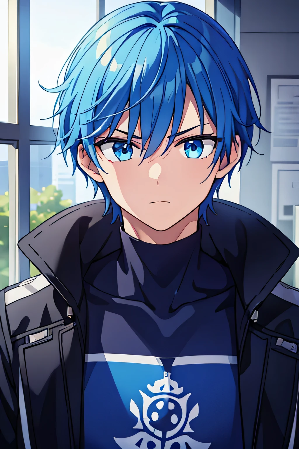 a guy with blue hair looking just showing his face with a serious look, Looking directly at the camera best quality
