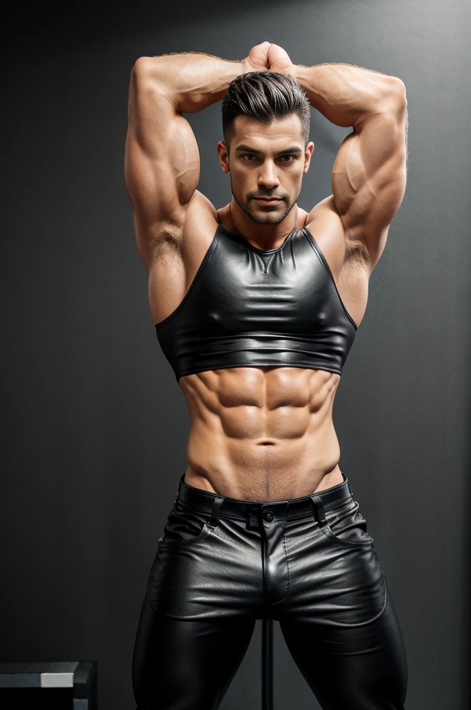 Guy wearing tight black leather tank top,standing in simple studio background,big biceps,muscular poss,wearing black leather pants,muscular body,abdominal muscles,nipples,chest