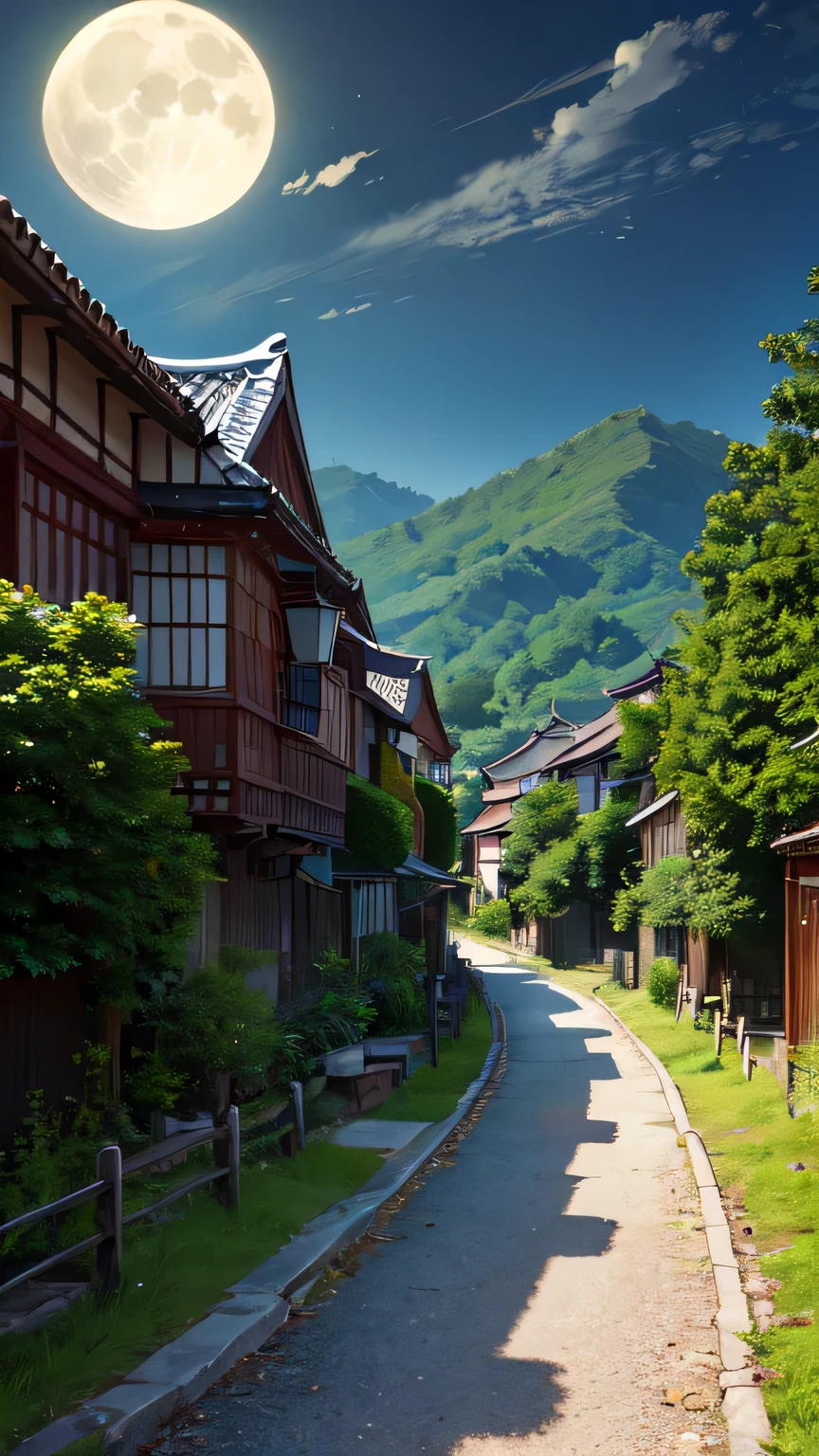 A winding road through the countryside,On both sides are lush trees and low earth walls。Moonlight on the path,Forming a silvery-white light band,Leading people to distant villages