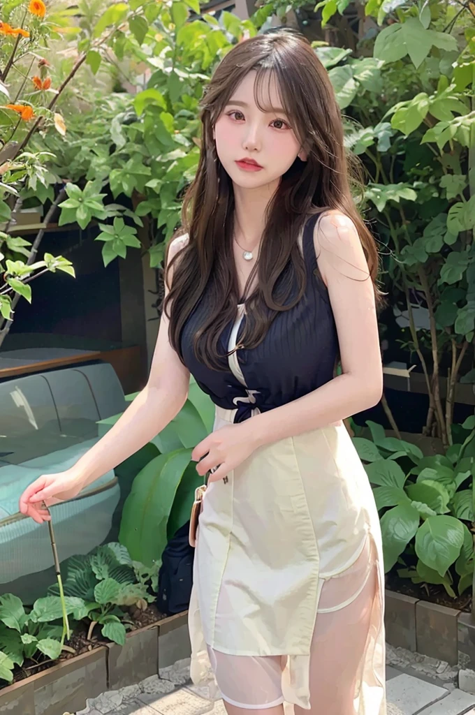 Beautiful Asian woman, 25 years old, long black hair, natural makeup, soft smile, wearing a white summer dress, standing in a sunlit garden, bokeh background, 8k resolution, photorealistic