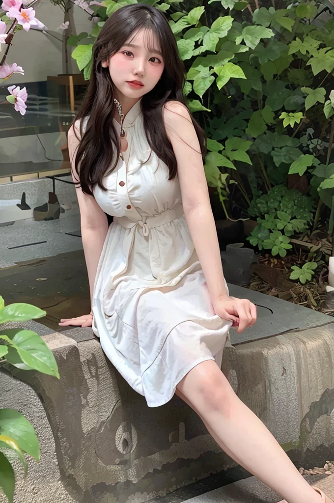 Beautiful Asian woman, 25 years old, long black hair, natural makeup, soft smile, wearing a white summer dress, standing in a sunlit garden, bokeh background, 8k resolution, photorealistic