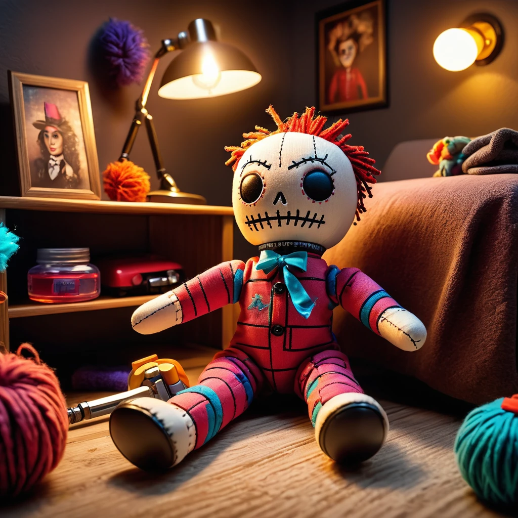 (knitted toy voodoo doll:1.7), (cleaning house voodoo:1.3), (clothes: comfortable cleaning suit with glowing dust symbols:1.0), (accessories: vacuum cleaner emitting sparks of cleanliness magic:1.1), (background: tidy living room with furniture, glowing clean spots and spectral cleaning products:1.2), best quality, masterpiece, detailed soft oil painting, detailed background, dramatic cinematic lighting, soft edge lighting, professional, dramatic lighting, hard edge lighting, ultra quality, 4k,masterpiece, best quality, 8k, ultra highres, highres, extremely detailed