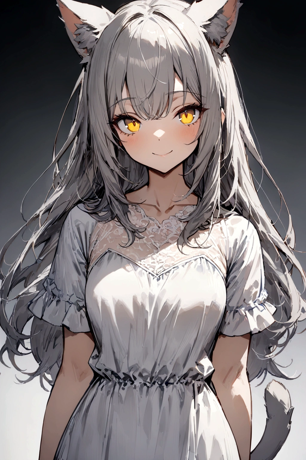 ((masterpiece)), ((best quality)), (from front, facing front:1.1), (close-up:1.2), (half-body shot:1.36), perfect anatomy, 1girl, solo, cat girl, long gray straight hair, yellow round eyes, gray cat ears, gray fluffy cat tail, basic short-sleeved loose white dress, smiling, looking at viewers