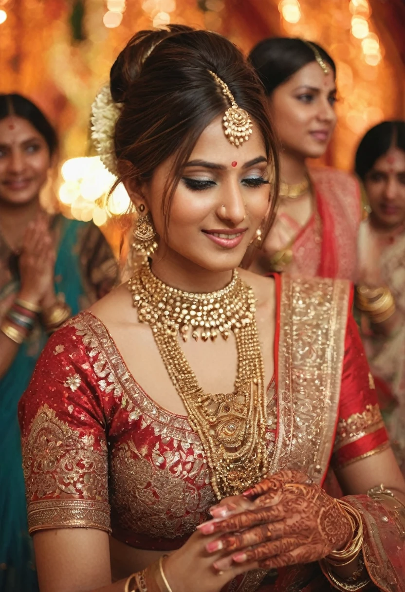 "(best quality,highres), Indian woman attending a wedding, surrounded by people, wearing elegant and stylish lehenga, confident pose, beautiful detailed eyes and lips, long eyelashes, deep neckline, visible cleavage, proud and determined expression, traditional jewellery, intricately designed henna, colourful bangles, bob cut hair, sunlight, vibrant colours, rich, majestic, intricate carvings, vibrant atmosphere soft lighting, realistic rendering, vibrant hues, high resolution, ultra-detailed, traditional Indian art style, decor, soft texture, realistic rendering, high-resolution masterpiece, bokeh background", woman's appearance is curved and attractive, (looking at groom in a sedative way), setting on front chair, eye locked on groom.
