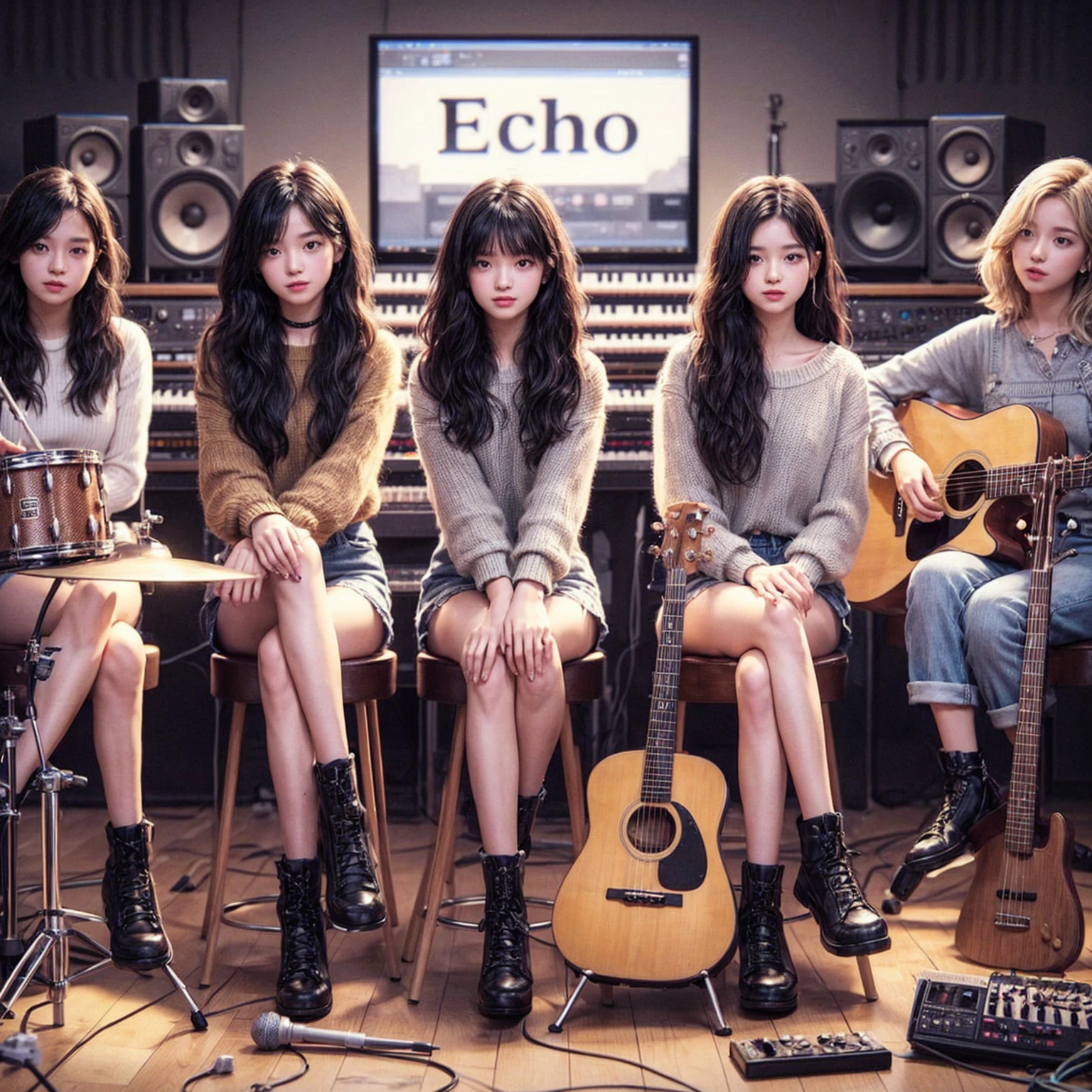 **Photo of 5 beautiful girls sitting:**

- **3 girls with messy black hair**
- **2 girls with wavy bob hair**

One girl is playing the drums, one girl is playing the piano, one girl is playing the bass guitar, one girl is playing the guitar, and one girl is singing. They are sitting behind a board with the word "ECHO" written on it. The background is a music studio, complete with drums, guitars, bass guitar, and piano. The image is ultra HD, 4k, and realistic.