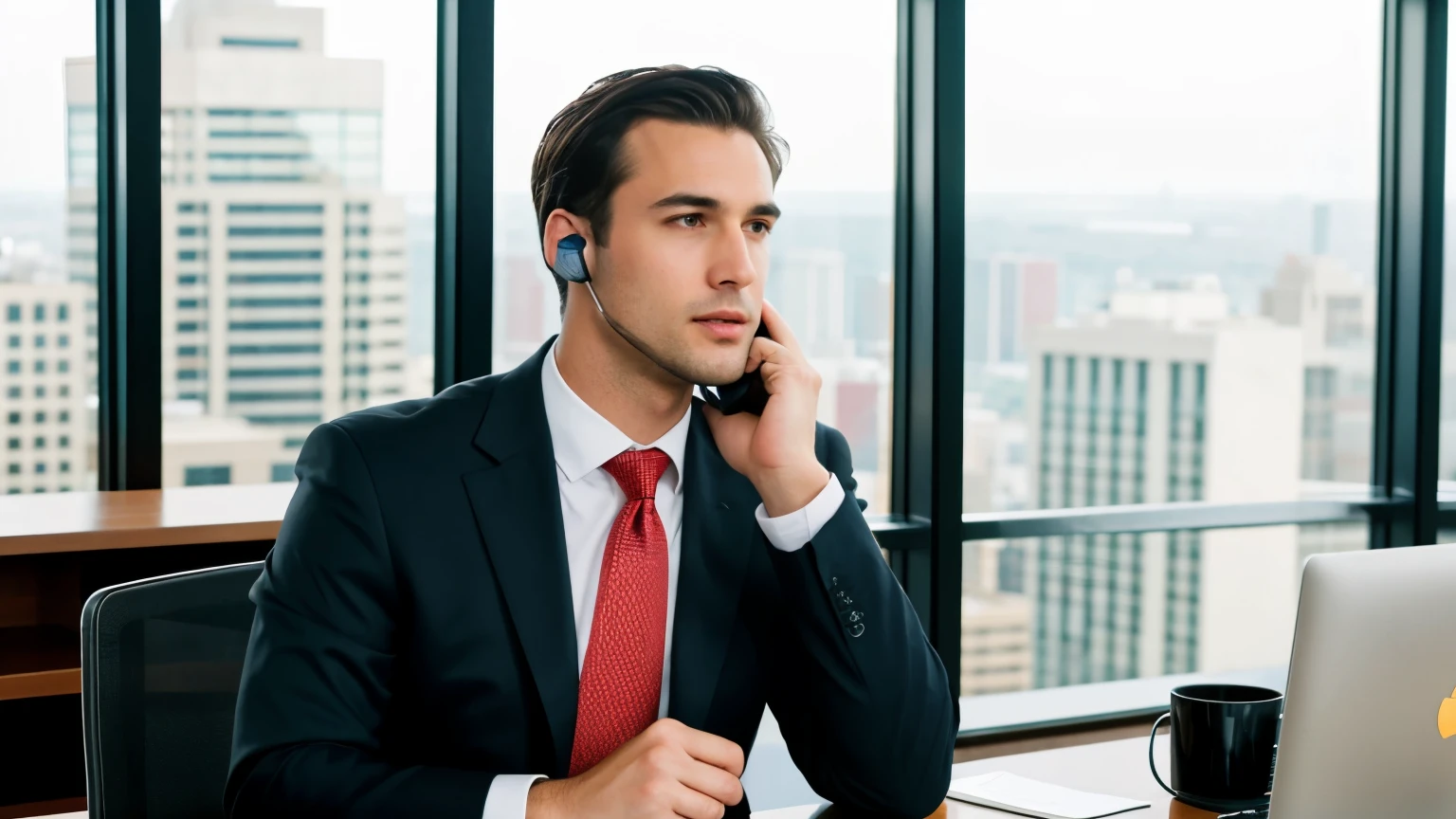 real handsome guy in strictly business clothes, talking emotionally on the phone where stock market quotes are visible, against the backdrop of an office on the top floor of a skyscraper