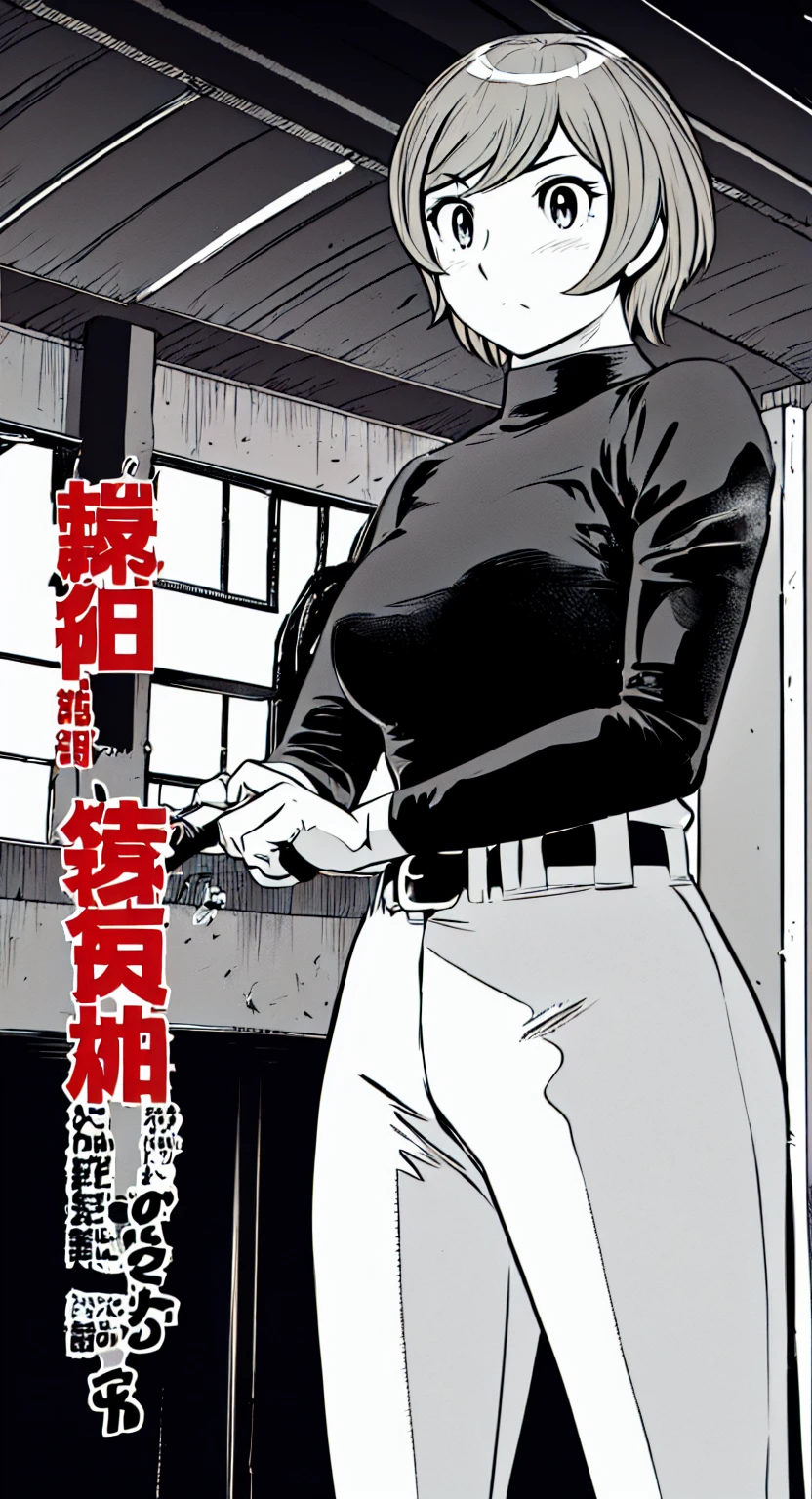 (野球uniform:1.2),
Blonde Hair, (short hair:1.2),Long sleeve, Black Shirt, turtleneck,White trousers、uniform、Black belt、((Illustration of people))、Big 、
View Audience,, (Highest quality:1.3),One Girl, White pants、uniform、indoor、baseball 、White wall、blue eyes、Tight black shirt、(masterpiece、Highest quality)、Highest quality, Ultra-high resolution, (((masterpiece))), alone, Sweat、Big eyes、Big Breasts、One Girl, Front view、Embarrassed face、Bronze colored hair、((short hair))、Stand up straight、Cowboy Shot