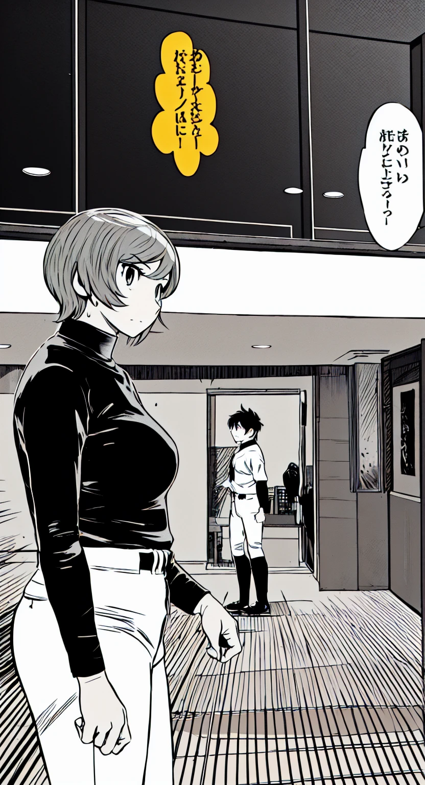 (野球uniform:1.2),
Blonde Hair, (short hair:1.2),Long sleeve, Black Shirt, turtleneck,White trousers、uniform、Black belt、((Illustration of people))、Big 、
View Audience,, (Highest quality:1.3),One Girl, White pants、uniform、indoor、baseball 、White wall、blue eyes、Tight black shirt、(masterpiece、Highest quality)、Highest quality, Ultra-high resolution, (((masterpiece))), alone, Sweat、Big eyes、Big Breasts、One Girl, Front view、Embarrassed face、Bronze colored hair、((short hair))、Stand up straight、Cowboy Shot
