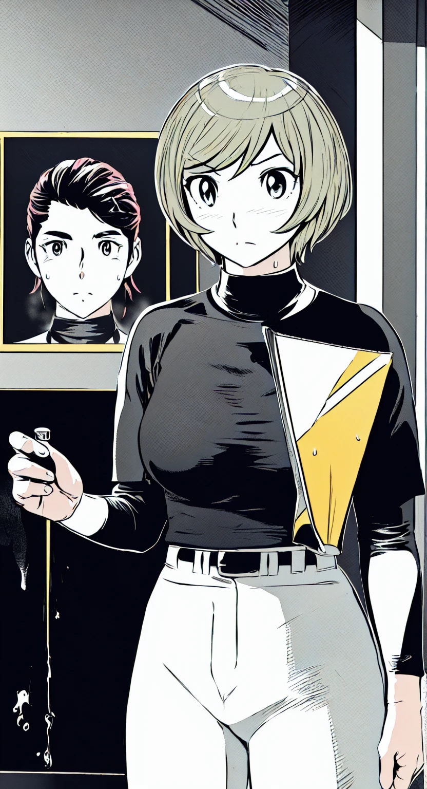 (野球uniform:1.2),
Blonde Hair, (short hair:1.2),Long sleeve, Black Shirt, turtleneck,White trousers、uniform、Black belt、((Illustration of people))、Big 、
View Audience,, (Highest quality:1.3),One Girl, White pants、uniform、indoor、baseball 、White wall、blue eyes、Tight black shirt、(masterpiece、Highest quality)、Highest quality, Ultra-high resolution, (((masterpiece))), alone, Sweat、Big eyes、Big Breasts、One Girl, Front view、Embarrassed face、Bronze colored hair、((short hair))、Stand up straight、Cowboy Shot