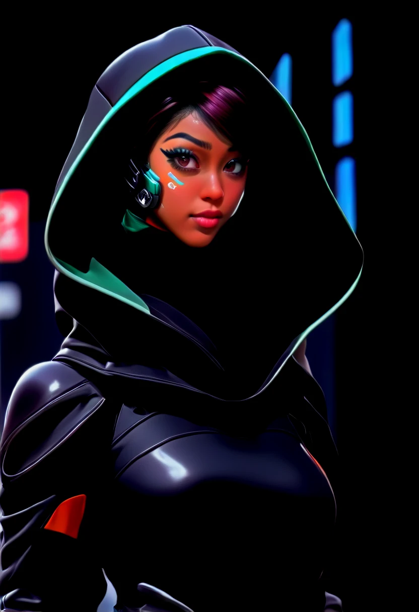 there is a woman with a helmet and a hood on, digital cyberpunk - anime art, digital cyberpunk anime art, rossdraws | afrofuturism, qiyana, cyborg merchant girl, echo from overwatch, in style of apex legends, futuristic art style, cyberpunk anime girl in hoodie, stylized digital art, 4k highly detailed digital art, scifi woman