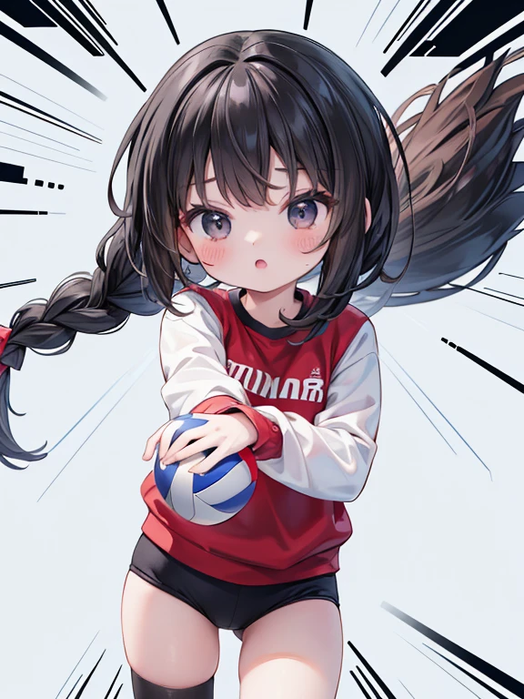 masterpiece, Highest quality, Very detailed, 16K, Ultra-high resolution, (speed lines:1.5), , Detailed face, Black eyes, Black Hair, Long Hair, Braid, Gymnastics, Bloomers, gym, volleyball, Hit the spikes