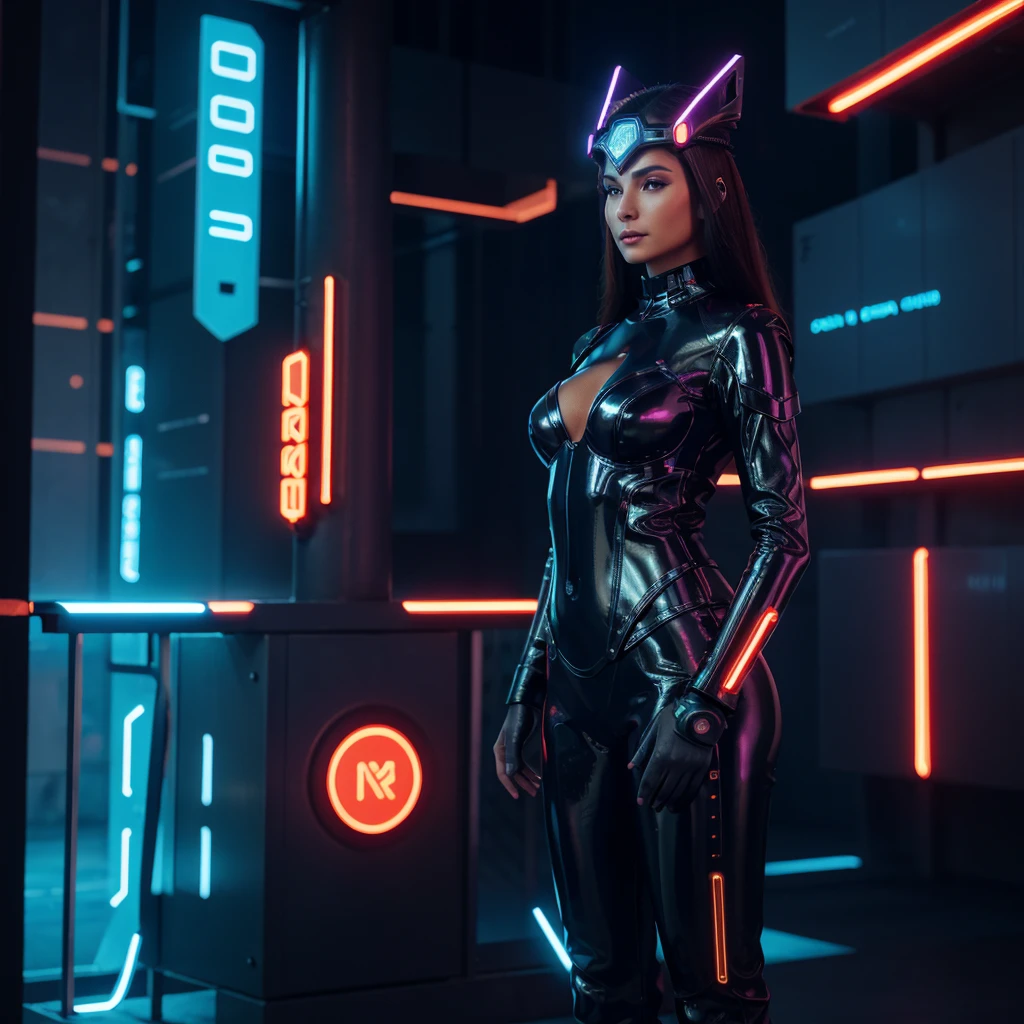 Woman wearing a high-tech headdress with metal and luminous elements.
full height, A seductive figure.
Smooth leather with metal inserts.
Suit made of metal and fabric, snug, with LED inserts.
Background: futuristic city with neon lights.
outside: hand on hip, confident and graceful look.
