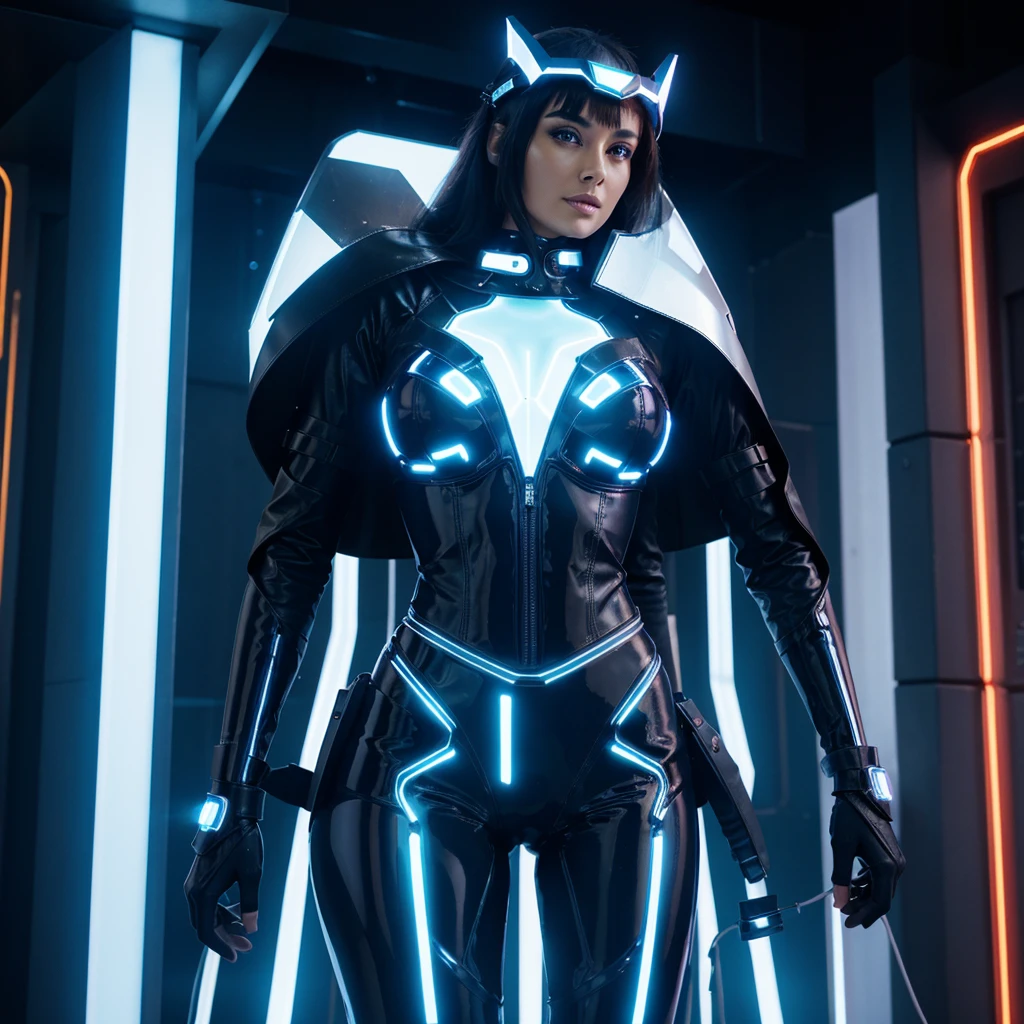 Woman wearing a high-tech headdress with metal and luminous elements.
full height, A seductive figure.
Smooth leather with metal inserts.
Suit made of metal and fabric, snug, with LED inserts.
Background: futuristic city with neon lights.
outside: hand on hip, confident and graceful look.