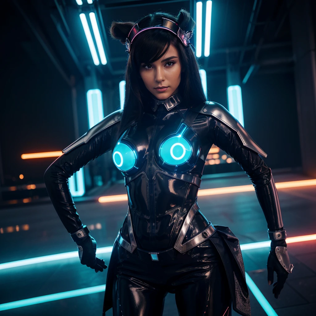 Woman wearing a high-tech headdress with metal and luminous elements.
full height, A seductive figure.
Smooth leather with metal inserts.
Suit made of metal and fabric, snug, with LED inserts.
Background: futuristic city with neon lights.
outside: hand on hip, confident and graceful look.