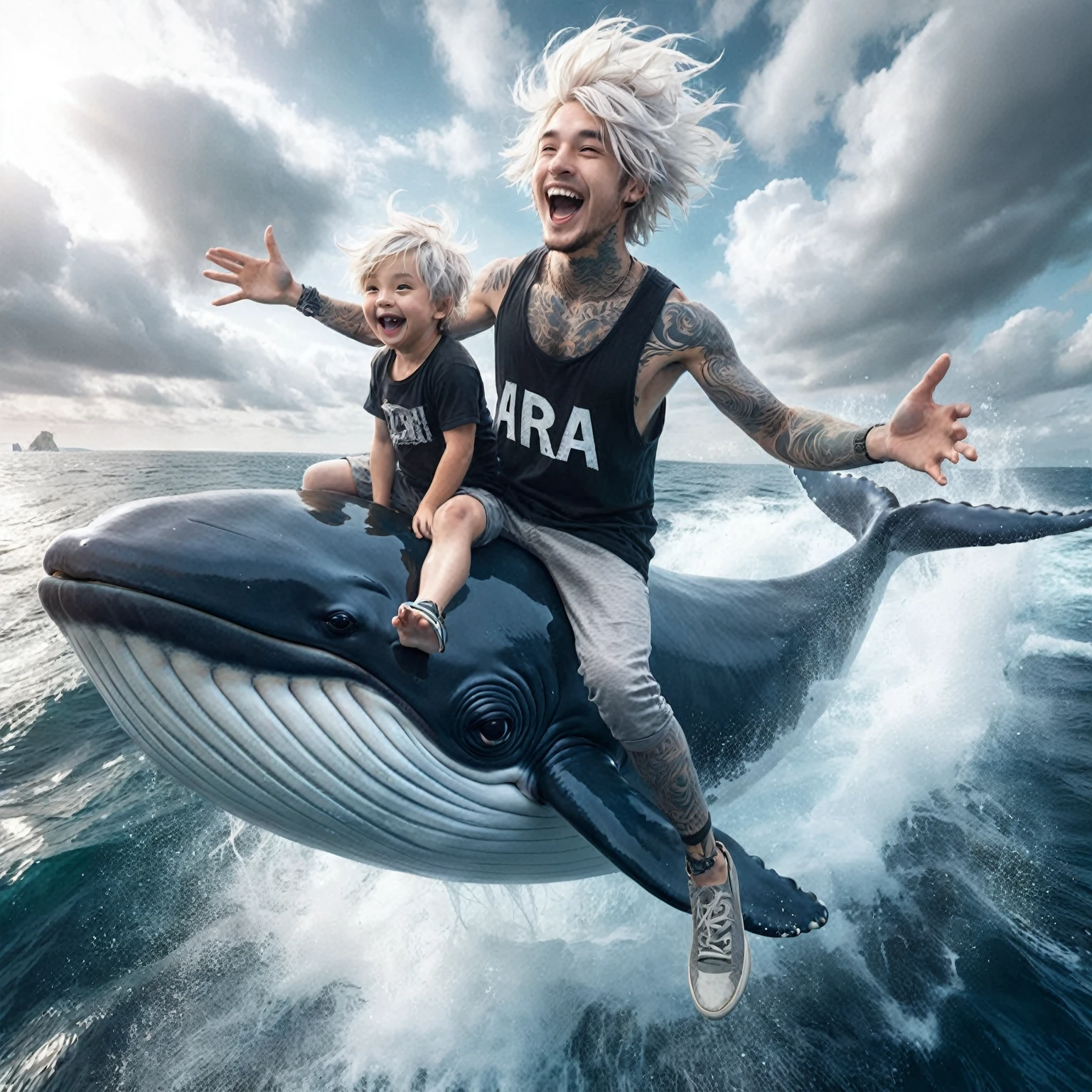 White haired young man with tattoos with a boy, wearing a black tank top that says "ARA" in white ink, and gray pants, jumping into the sea on a whale, the whale is laughing, they are happy, looking at the camera, floating on a whale in the sea, distorted poses, fantasy art style, amazing action poses, modern fantasy art, creative photo manipulation, dramatic magic floating poses, distorted water, flying waves, amazing art, speeding sky, Go-Pro style, high quality photos