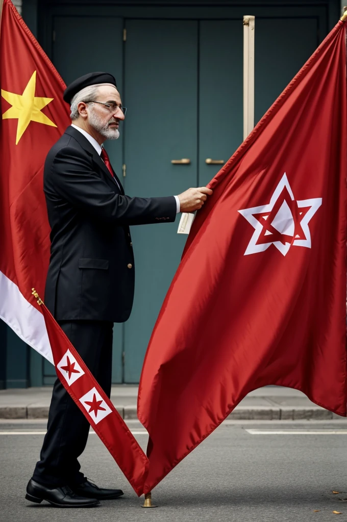 Capitalism jew the dollar symbol flag versus man with red communism ussr flag in his hand