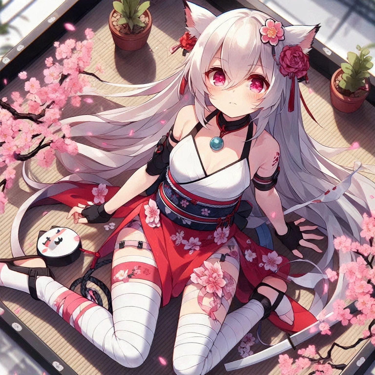 Second Dimension,high quality,Background is Japanese style bedroom,There are several small trees,White and tender skin,High Detail,Elegant Ninja Girl,Cat ear,White hair,White tabi socks,A katana with a cherry blossom logo handle is worn on the waist,Pink pupils,Pink Ribbon 5 White Bandage Leggings,Red and white cherry blossom themed ninja costume,Cold expression,Floral Decoration,M shaped sitting position,Normal human proportions,(Solitary),(Perfect face 1.1)