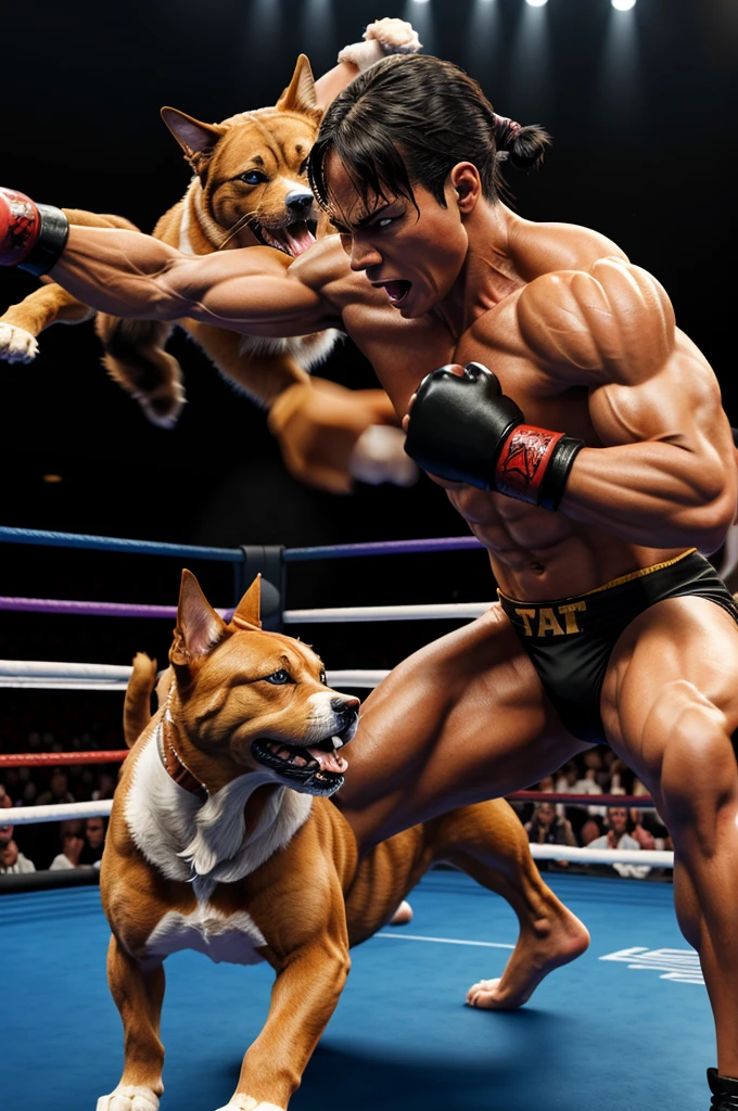 Generate a realistic 3D scene of a fierce dog and a muscular cat fighter circling each other in the ring. The dog is snarling, and the cat fighter is ready to pounce. The background shows a chanting crowd, with a dynamic and intense atmosphere."
