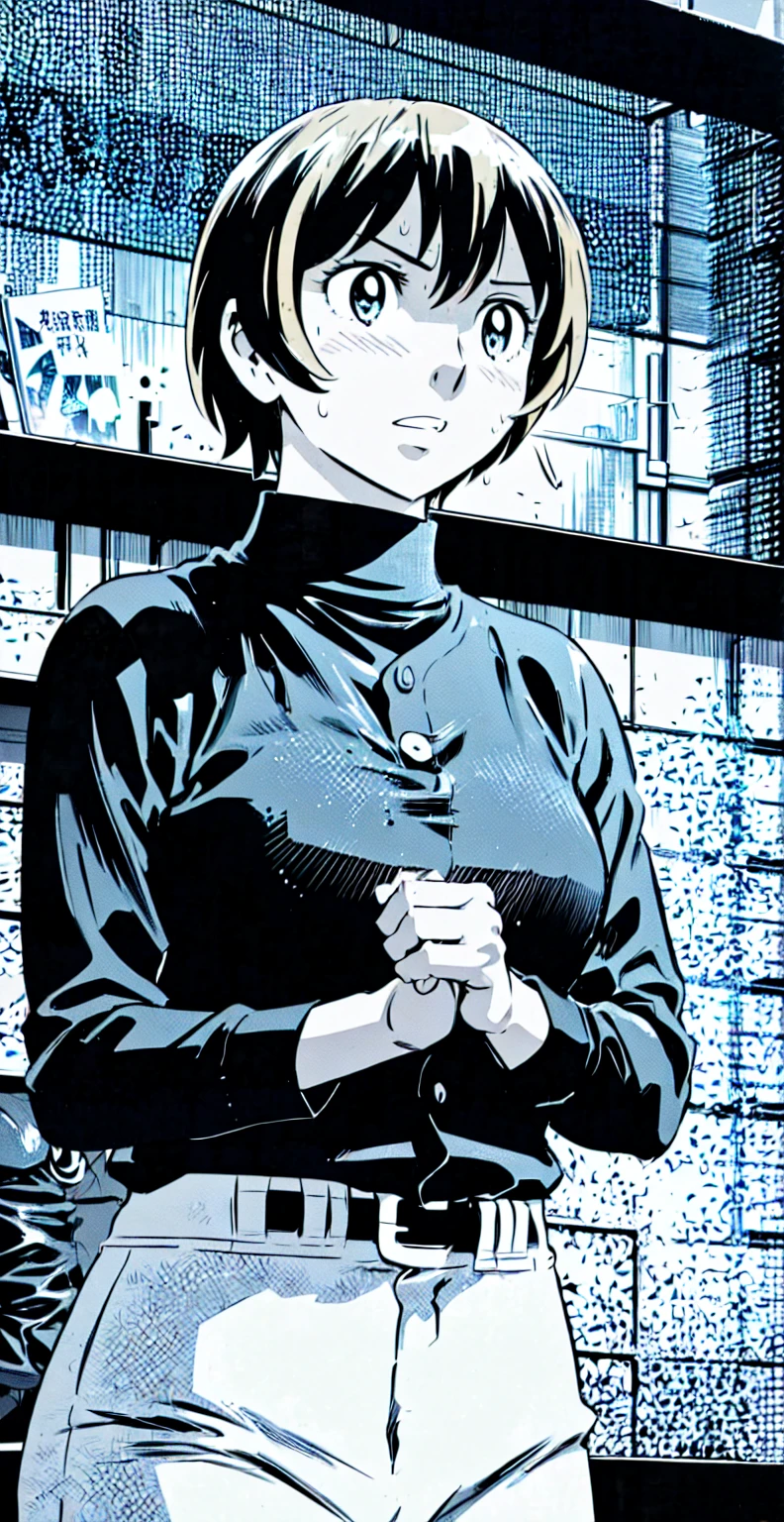 (野球uniform:1.2),
Blonde Hair, (short hair:1.2),Long sleeve, Black Shirt, turtleneck,White trousers、uniform、Black belt、((Illustration of people))、Big 、
View Audience,, (Highest quality:1.3),One Girl, White pants、uniform、indoor、baseball 、White wall、blue eyes、Tight black shirt、(masterpiece、Highest quality)、Highest quality, Ultra-high resolution, (((masterpiece))), alone, Sweat、Big eyes、Big Breasts、One Girl, Front view、Embarrassed face、Bronze colored hair、((short hair))、Stand up straight、Cowboy Shot