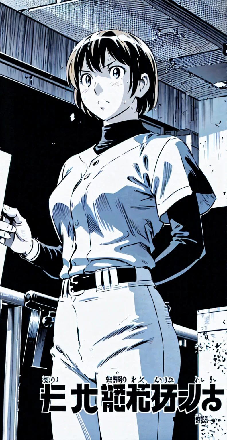 (野球uniform:1.2),
Blonde Hair, (short hair:1.2),Long sleeve, Black Shirt, turtleneck,White trousers、uniform、Black belt、((Illustration of people))、Big 、
View Audience,, (Highest quality:1.3),One Girl, White pants、uniform、indoor、baseball 、White wall、blue eyes、Tight black shirt、(masterpiece、Highest quality)、Highest quality, Ultra-high resolution, (((masterpiece))), alone, Sweat、Big eyes、Big Breasts、One Girl, Front view、Embarrassed face、Bronze colored hair、((short hair))、Stand up straight、Cowboy Shot