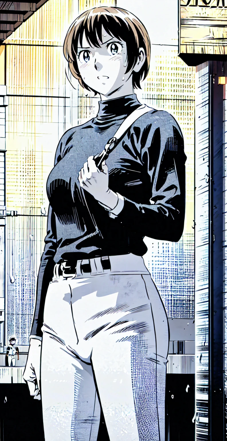 (野球uniform:1.2),
Blonde Hair, (short hair:1.2),Long sleeve, Black Shirt, turtleneck,White trousers、uniform、Black belt、((Illustration of people))、Big 、
View Audience,, (Highest quality:1.3),One Girl, White pants、uniform、indoor、baseball 、White wall、blue eyes、Tight black shirt、(masterpiece、Highest quality)、Highest quality, Ultra-high resolution, (((masterpiece))), alone, Sweat、Big eyes、Big Breasts、One Girl, Front view、Embarrassed face、Bronze colored hair、((short hair))、Stand up straight、Cowboy Shot
