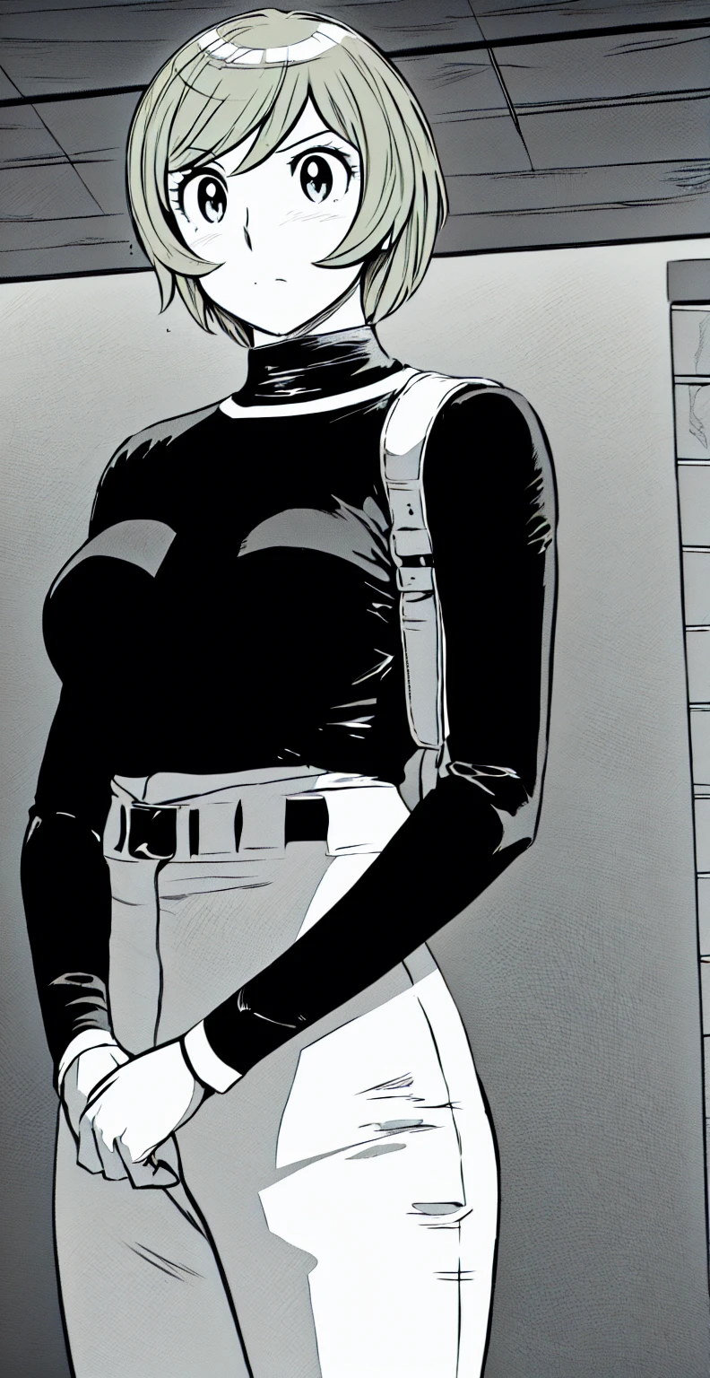 (野球uniform:1.2),
Blonde Hair, (short hair:1.2),Long sleeve, Black Shirt, turtleneck,White trousers、uniform、Black belt、((Illustration of people))、Big 、
View Audience,, (Highest quality:1.3),One Girl, White pants、uniform、indoor、baseball 、White wall、blue eyes、Tight black shirt、(masterpiece、Highest quality)、Highest quality, Ultra-high resolution, (((masterpiece))), alone, Sweat、Big eyes、Big Breasts、One Girl, Front view、Embarrassed face、Bronze colored hair、((short hair))、Stand up straight、Cowboy Shot