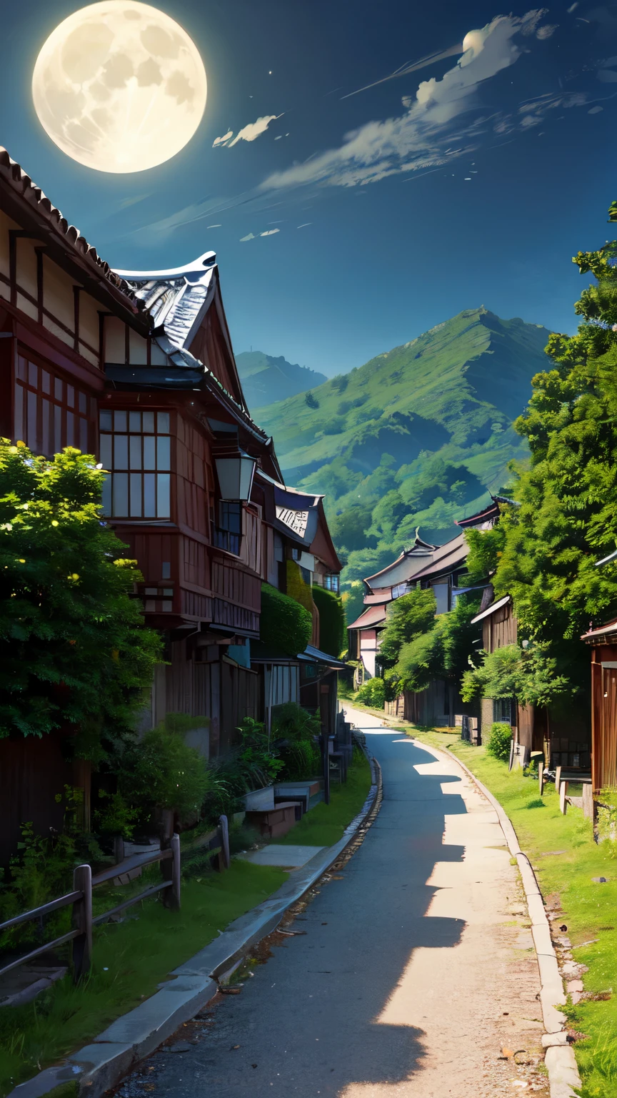 A winding road through the countryside,On both sides are lush trees and low earth walls。Moonlight on the path,Forming a silvery-white light band,Leading people to distant villages