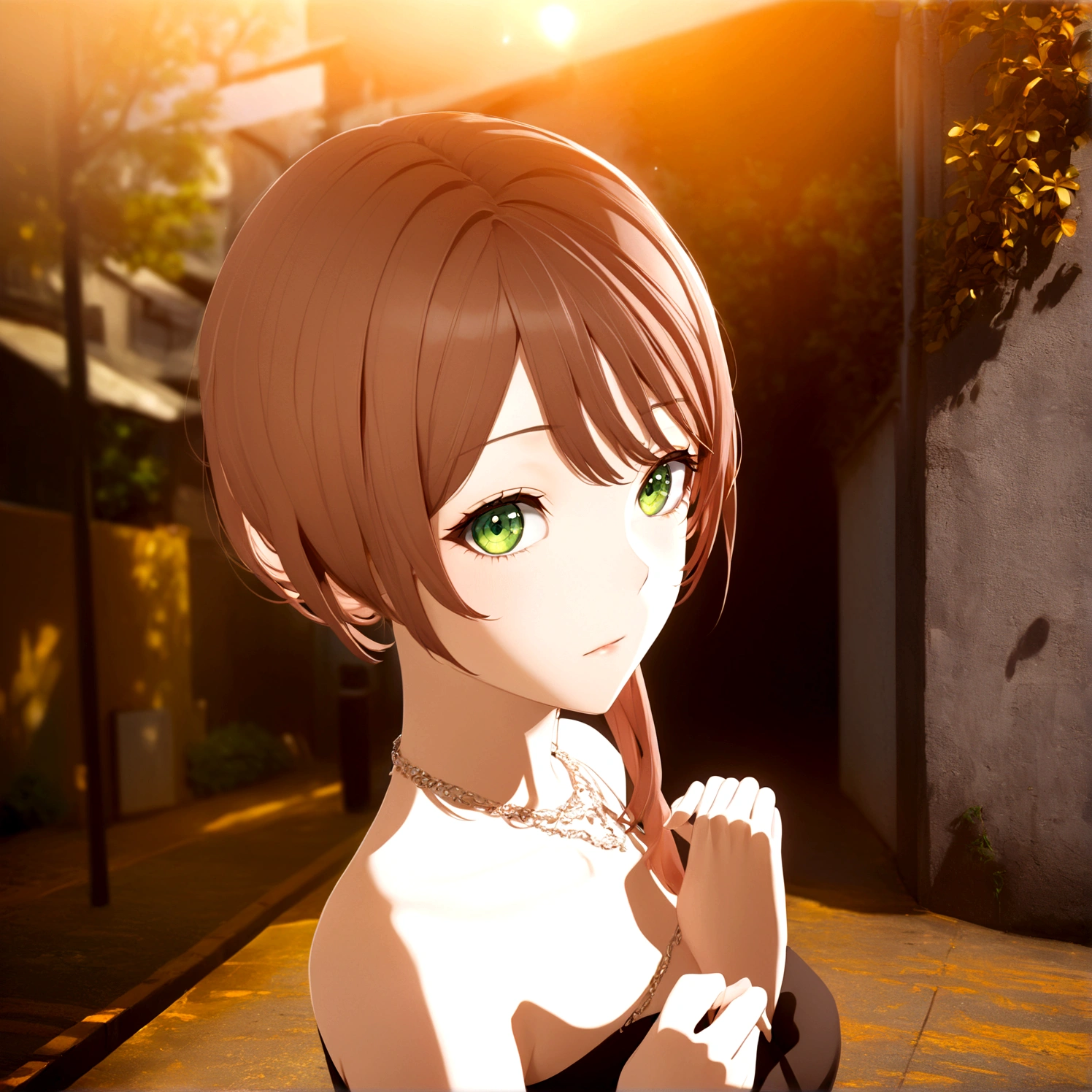 anime girl with brown hair and green eyes standing on a street, realistic anime 3 d style, smooth anime cg art, made with anime painter studio, anime style. 8K, anime. Soft lighting, anime styled 3d, semirealistic anime style, photorealistic anime girl render, painted in anime painter studio, realistic young anime girl, semi realistic anime