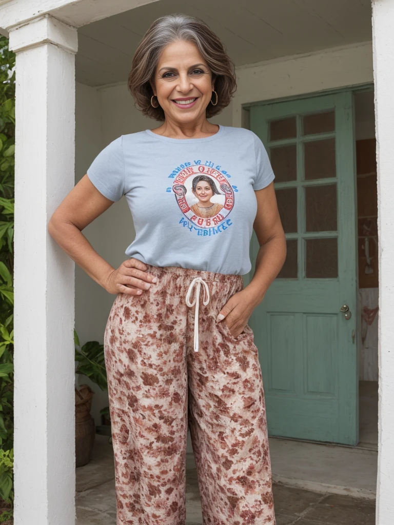 1girl, photorealistic, realistic, Latina woman, Old woman, thick lips, mature, 65 years old, Latina, straight short hair, brown skin, Latina nose, Latina eyes, Latina body, ((background: inside the house)), wearing printed tshirt and Culotte Jumpsuit, outdoor, ((wide shot)), smiling