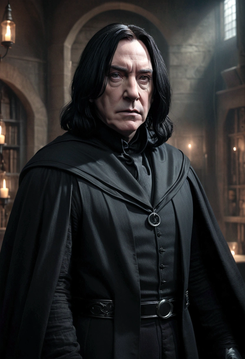 a highly detailed portrait of severus snape, a dark wizard with a stern expression, wearing a black cape, long black hair, and pale skin, purchasing a robot maid, hyper-realistic, cinematic lighting, moody atmosphere, dramatic lighting, dark fantasy style, muted color palette, gritty, photorealistic, 8k, award winning digital art